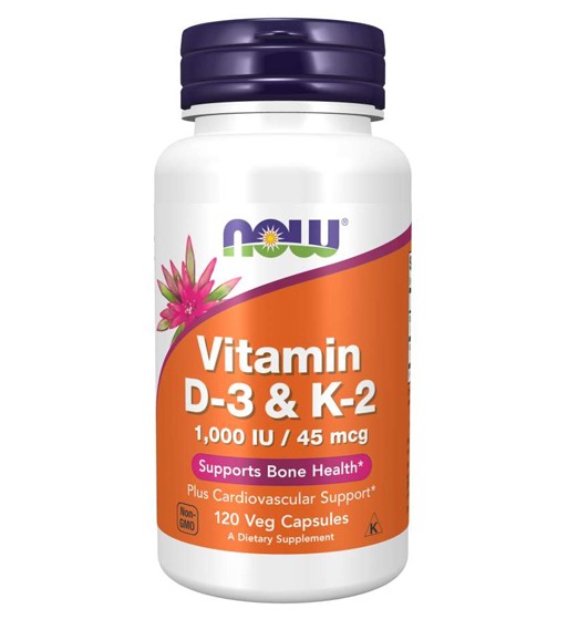 NOW FOODS Vitamiin D-3 ja K-2 (120 kapslit)